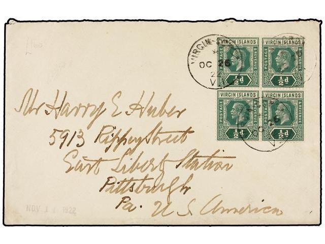 ISLAS VIRGENES. 1922. VIRGIN ISLANDS To U.S.A. 1/2 D. Green Block Of Four, Arrival On Reverse. - Autres & Non Classés