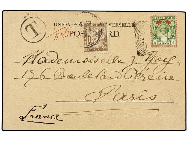 ZANZIBAR. 1904. ZANZIBAR To FRANCE. Postcard Franked With 1/2 Anna, Taxed On Arrival With French 10 Cts. Brown Stamp. - Autres & Non Classés