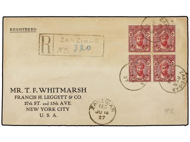 ZANZIBAR. Sg.308 (4). 1927. ZANZIBAR To NEW YORK. 50 Cts. Claret, Block Of Four, Arrival Cds On Reverse. - Other & Unclassified