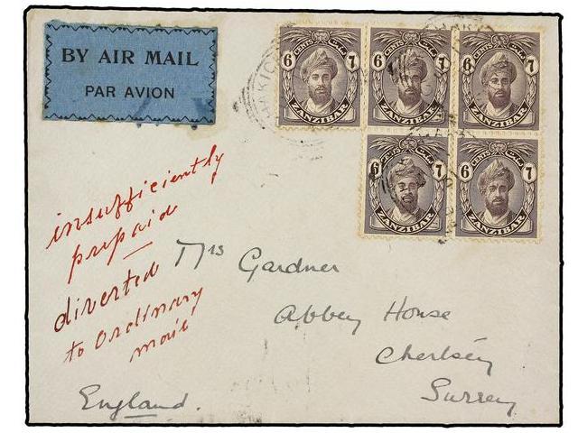 ZANZIBAR. 1931. ZANZIBAR To ENGLAND. 6 Cts. Violet (5) Endorsed ´insufficiently Prepaid Diverted To Ordinary Mail´. - Autres & Non Classés