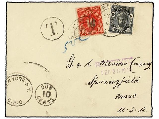 ZANZIBAR. 1940. ZANZIBAR To USA. 10 Cents. Black Taxed On Arrival With US, 10 Ctvos. Stamp. - Autres & Non Classés