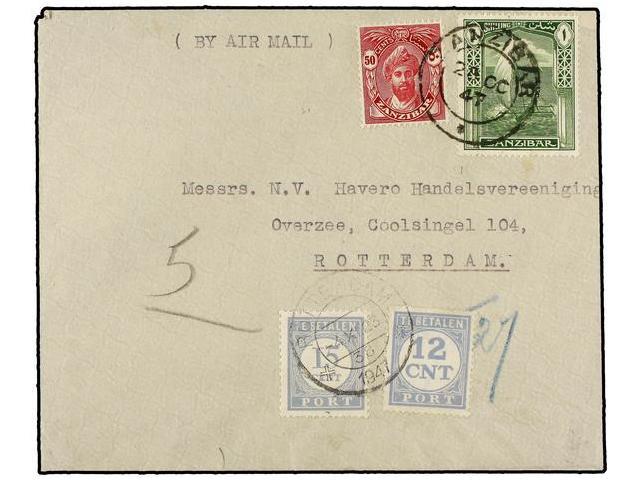 ZANZIBAR. 1947. ZANZIBAR To NETHERLANDS. 50 Cts. And 1 Sh. Taxed On Arrival With Dutch 12 Cts. And 15 Cts. Stamps. - Autres & Non Classés