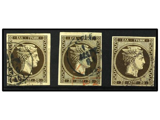 ° GRECIA. Hl.43b (3). 1876. 30 L. Brown. Three Stamps, Diverse Shades. Fine Group. Hellas.135&euro;. - Autres & Non Classés