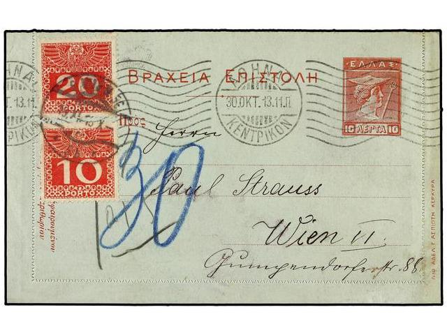 GRECIA. 1913. ATENAS To WIEN. 10 L. Red Postal Stationary Card, Taxed On Arrival With Austrian 10 H. Red And 20 H. Red S - Autres & Non Classés