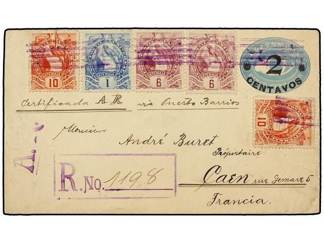 GUATEMALA. Sc.43, 47 (2), 48 (2). 1899. GUATEMALA A FRANCIA. Entero Postal De 2 Ctvos. Con Franqueo Adicional De 1 Cto., - Autres & Non Classés