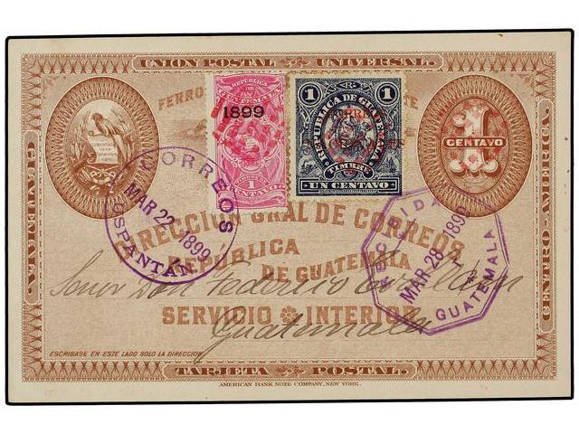 GUATEMALA. Sc.88. 1899. USPANTAN A GUATEMALA. Entero Postal De 1 Ctvo. Con Franqueo Adicional De 1 Cto. S. Sello Fiscal - Autres & Non Classés