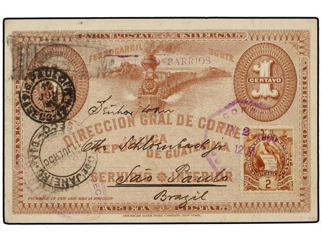 GUATEMALA. Sc.44. 1900. GUATEMALA A SAO PAULO (Brasil). Entero Postal De 1 Ctvo. Con Franqueo Adicional De 2 Ctvos. Lleg - Autres & Non Classés