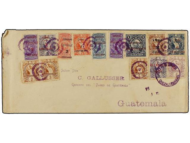 GUATEMALA. Sc.44 (2), 47, 52, 75, 78, 86, 88, 89 (2), 93, 97 (2). 1900. QUEZALTENANGO A GUATEMALA. Espectacular Franqueo - Autres & Non Classés