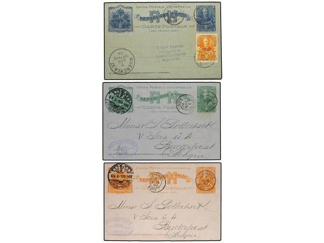 HAITI. 1899-1904. Tres Enteros Postales Dobles De 1 + 1 Ctvo. Azul (con Franqueo Adicional De 2 Ctvos.). 2 + 2 Ctvos. Na - Autres & Non Classés