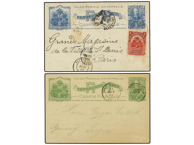 HAITI. 1901. Dos Enteros Postales De 1 Cts. Azul Con Franqueo Adicional De 2 Cts. Carmín Y 3 Cts. Verde Circulados A FRA - Autres & Non Classés