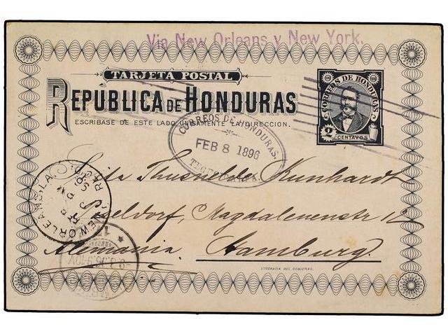 HONDURAS. 1896. TEGUCIGALPA A ALEMANIA. Entero Postal De 2 Ctvos. Azul, Llegada En Anverso. - Autres & Non Classés