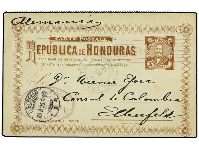 HONDURAS. 1896. AMAPALA A ALEMANIA. Entero Postal Doble De 3 + 3 Ctvos. Castaño Amarillo, Llegada En Anverso. - Autres & Non Classés