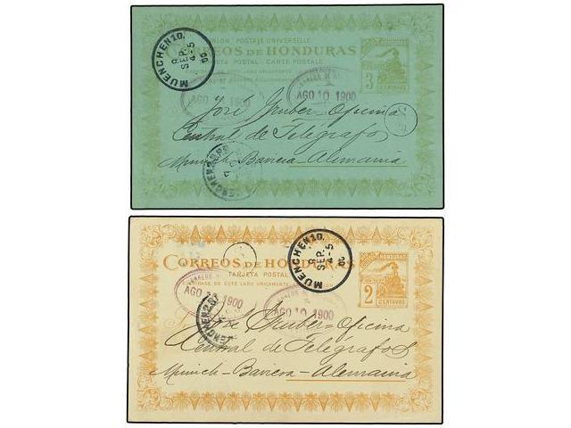 HONDURAS. 1900. Enteros Postales De 2 Ctvos. Naranja Y 3 Ctvos. Verde S. Verde Azul Circulados A ALEMANIA. - Autres & Non Classés