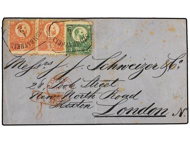 HUNGRIA. Mi.9, 10. 1871. Engraved 3kr. Green And 5kr. Rose-red (2) Used On 1872 Cover To LONDON Tied By Framed SZOMBATHE - Autres & Non Classés
