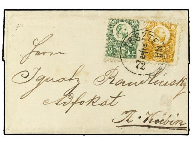 HUNGRIA. 1872 (May 2). Entire Letter To KUBIN Franked By 1871 Engraved 2 Kr. Orange And 3 Kr. Green Tied By Bold Strike - Autres & Non Classés