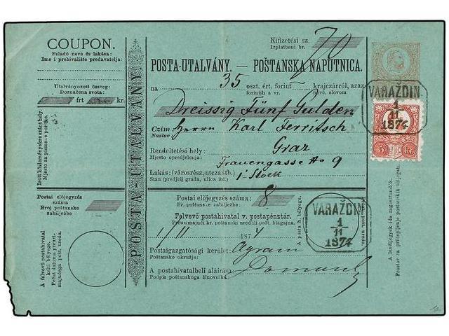 HUNGRIA. Mi.10. 1874. VARAZODIN To GRAZ. Postal Receipt Of 5 Kr. Red Uprated With 5 Kr. Red Stamp. - Autres & Non Classés