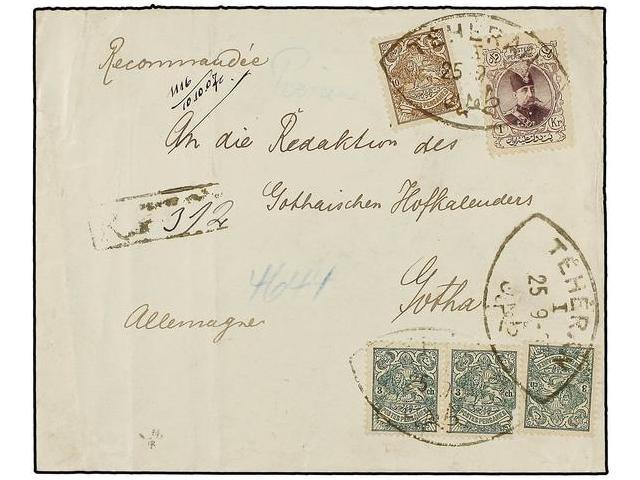 IRAN. 1907. TEHERAN To GERMANY. 3 Ch. Green (3), 10 Ch. Brown And 1 Kr. Lilac. Registered, Arrival On Back. - Autres & Non Classés