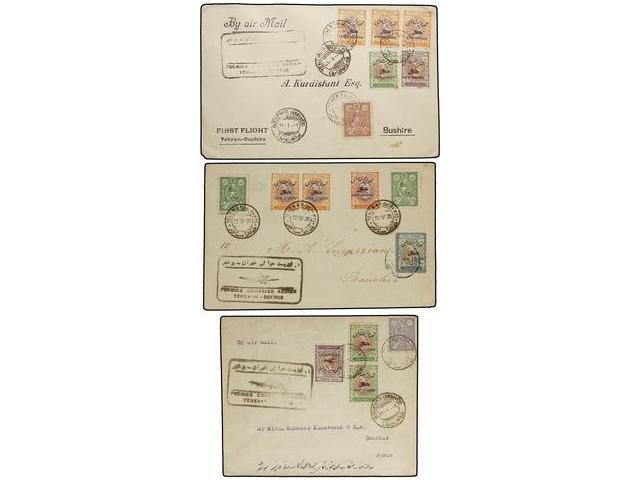 IRAN. 1928 (20-IV). TEHERAN To BOUCHIR. AIR MAIL. FIRST FLIGHT (Muller 21). Group Of Three Covers, Diverse Franking. - Autres & Non Classés
