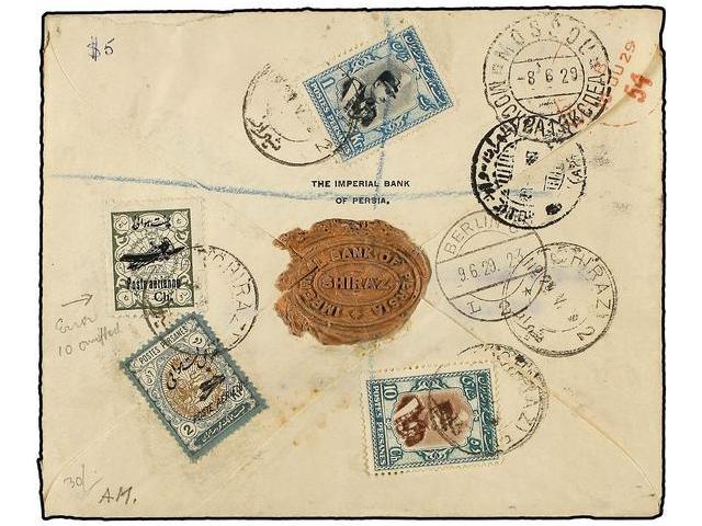 IRAN. Mi.553, 573, 586, 590. 1929 (21-V). CHIRAZ To LONDON. AIR MAIL Via Mosard And Berlín, Franked With ´10´ Omitted ER - Autres & Non Classés