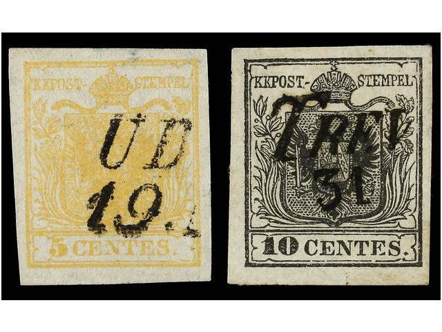 ° ITALIA ANTIGUOS ESTADOS: LOMBARDO-VENECIA. Sa.1,2. 1850. 5 Cents. Amarillo Y 10 Cents. Negro. MAGNIFICOS EJEMPLARES. S - Autres & Non Classés