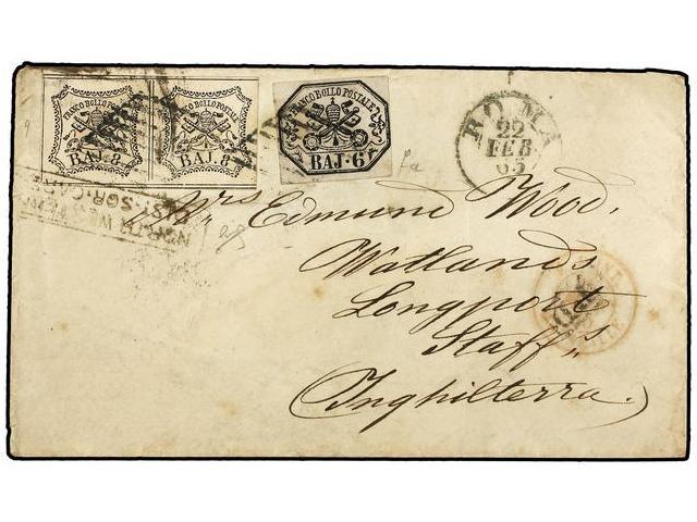 ITALIA ANTIGUOS ESTADOS: ESTADOS PONTIFICIOS. 1865. ROMA To LONGPORT (Great Britain). 6 Baj. And 8 Baj. (pair) Tied Gril - Autres & Non Classés