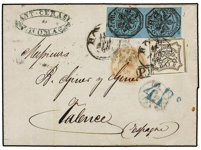 ITALIA ANTIGUOS ESTADOS: ESTADOS PONTIFICIOS. Sa.8(2), 9. 1866. ROMA A VALENCIA (España). 7 Baj. Azul (2) Y 8 Baj. Negro - Autres & Non Classés