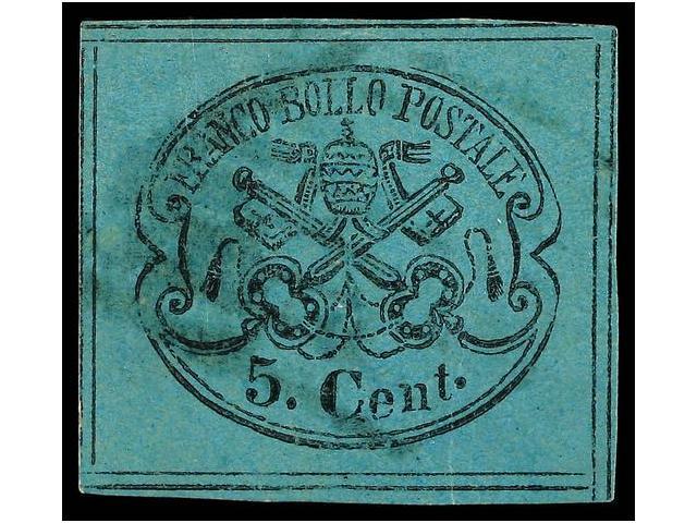 ° ITALIA ANTIGUOS ESTADOS: ESTADOS PONTIFICIOS. Sa.16. 1867. 5 Cent. Azul Verdoso Con Los 8 FILETES De Separacion. LUJO. - Autres & Non Classés