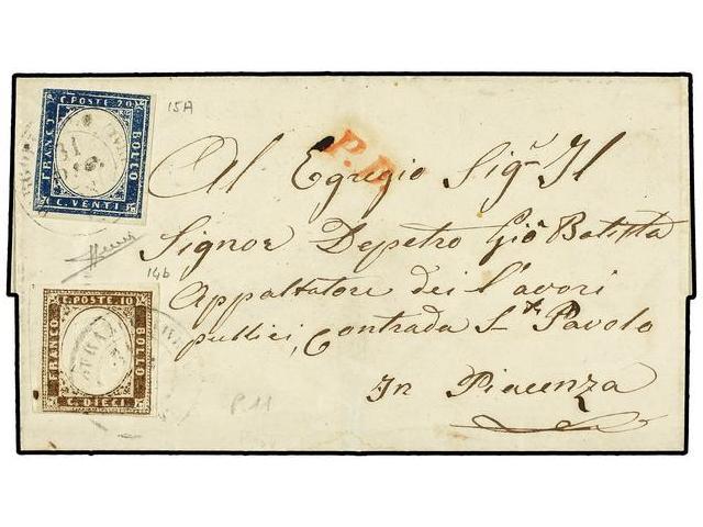 ITALIA ANTIGUOS ESTADOS: CERDEÑA. Sa.15A, 14b. 1858. BORGOFRANCO A PIACENZA. 10 Cts. Castaño Y 20 Cts. Azul. Mat. De Dob - Autres & Non Classés