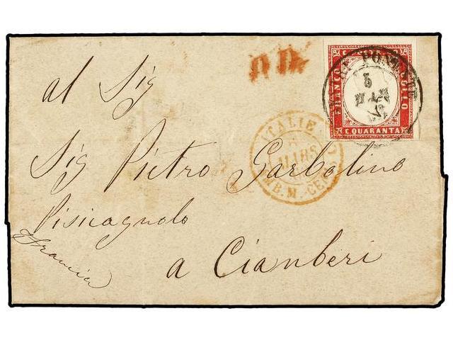 ITALIA ANTIGUOS ESTADOS: CERDEÑA. 1863. SESTRI A FRANCIA. 40 Cts. Rojo. Mat. SESTRI PONENTE. MUY BONITA. - Autres & Non Classés