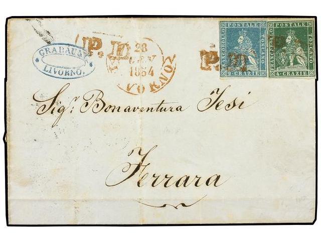 ITALIA ANTIGUOS ESTADOS: TOSCANA. 1854. Cover From LIVORNO To FERRARA Franked By 1851-52 2cr. Blue And 4cr. Green Tied B - Autres & Non Classés