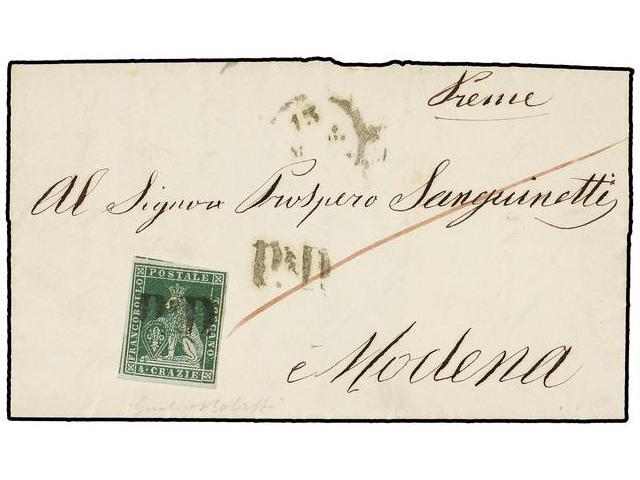 ITALIA ANTIGUOS ESTADOS: TOSCANA. Sa.6. 1855. LUCCA A MODENA. 4 Cr. Verde Color Muy Fresco, Margenes Completos. MAGNÍFIC - Autres & Non Classés