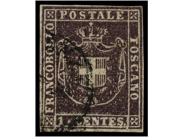 ° ITALIA ANTIGUOS ESTADOS: TOSCANA. Sa.17. 1860. 1 Cto. Violeta Oscuro, Margenes Completos. MAGNÍFICO. Cat. +1.350&euro; - Autres & Non Classés