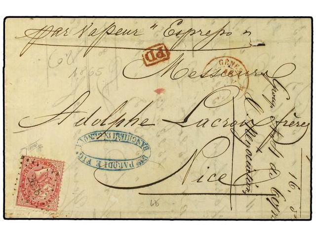 ITALIA. 1865. GENOVA A NICE. 40 Cts. Rosa, Mat. Francés Cifras Pequeñas ´2656´ De NIZA. MAGNIFICO Y RARO. - Autres & Non Classés