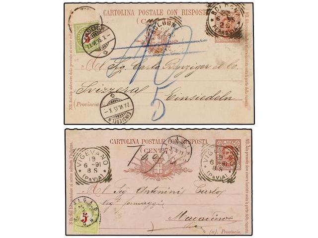 ITALIA. 1891-95. 2 Enteros Postales De 7 1/2 Cts. Y 15 Cts. Circulados A Suiza, Tasados A La Llegada Con Sellos De 5 Rp. - Autres & Non Classés