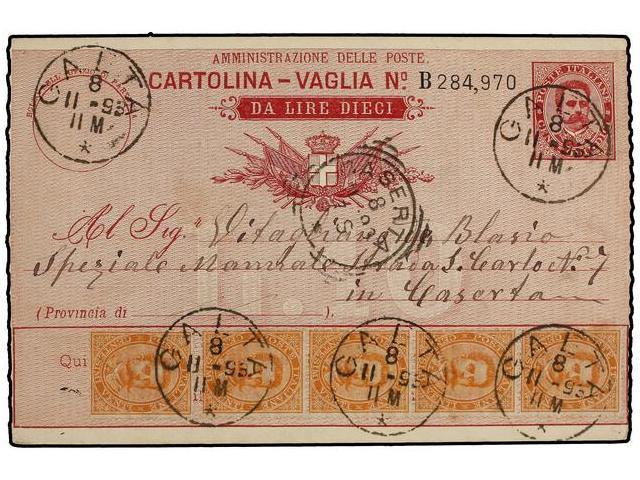 ITALIA. Sa.39 (5). 1893. GALTA A CASERTA. CARTOLINA-VAGLIA De 15 Cts. Carmín Con Franqueo Adicional De Cinco Sellos De 2 - Autres & Non Classés