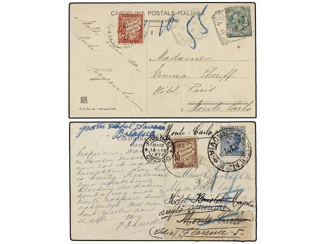 ITALIA. 1909-22. 2 Tarjetas Circuladas A MONACO Con Sellos De 5 Cts. Verde Y 25 Cts. Azul Tasados A La Llegada Con Sello - Autres & Non Classés