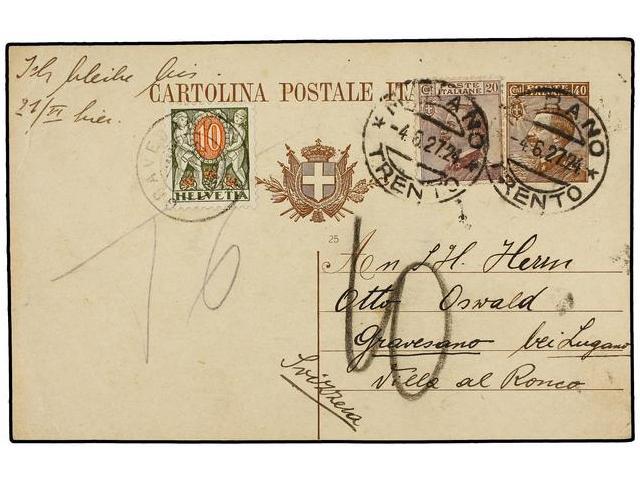 ITALIA. 1924. MERANO A SUIZA. Entero Postal De 40 Cts. Castaño Con Franqueo Adicional De 20 Cts. Lila, Tasado A La Llega - Autres & Non Classés