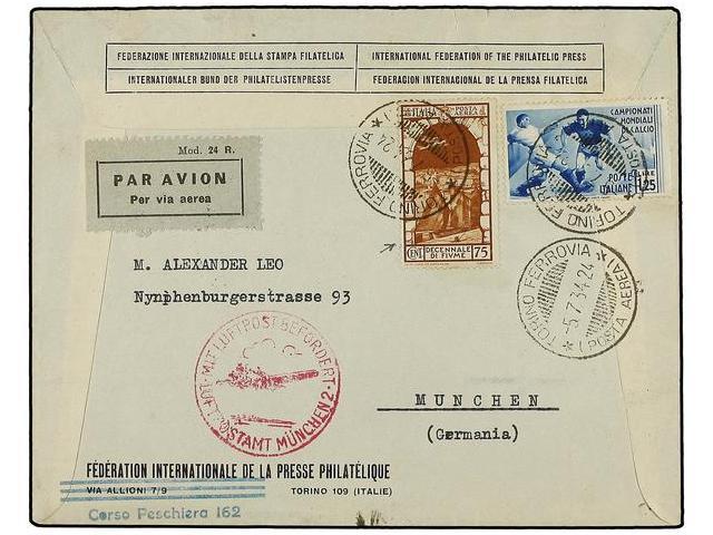 ITALIA. Sa.360 + A62. 1934. TORINO A ALEMANIA. 75 Cts. Y 1,25 Libras Circulada Por Correo Aéreo, Llegada Al Dorso. - Autres & Non Classés