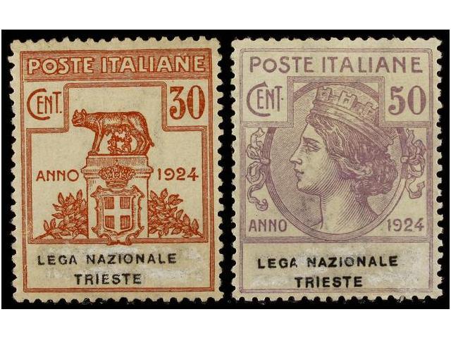 * ITALIA. Sa.FR 44/45. 1924. FRANQUICIAS. LEGA NAZIONALE TRIESTE. 30 Cts. Y 50 Cts. Sassone.1.400&euro;. - Autres & Non Classés