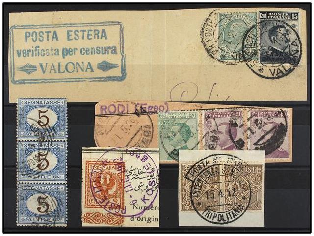 °/ ITALIA: EGEO (Colonia Italiana). 1904-26. Conjunto De Sellos Italianos De Correo Y Tasas Con Mat. VALONA, KOS, INTEND - Autres & Non Classés