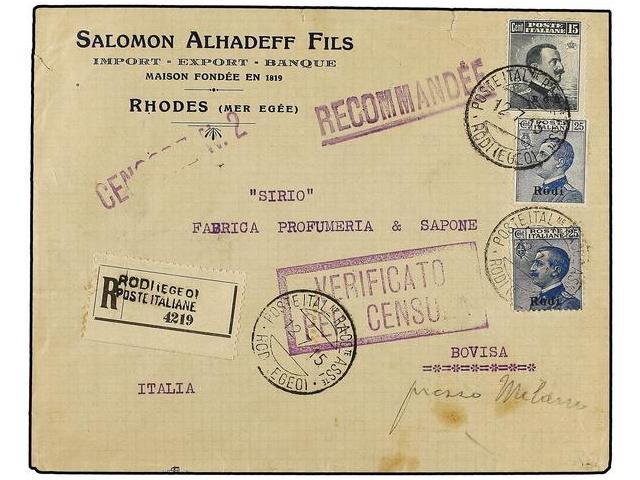 LEVANTE: CORREO ITALIANO. 1915 (July 12). Registered Cover To BOVISA (Italy) Franked By ´Rodi´ Surcharged 1912-24 15c. S - Autres & Non Classés