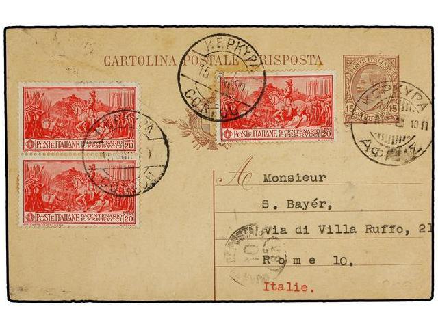 ITALIA. 1930. Corfu. 15c. Postal Stationery Card, Uprated 20c.(3) Ferrucci Tied By Kepkypa * Corfu Date Stamp And Addres - Autres & Non Classés