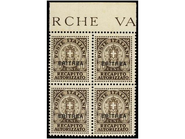 ** ERITREA. Sa.1. 1939. RECAPITO AUTORIZZATO. 10 Cts. Brown. Block Of Four, Never Hinged. Sassone.300&euro;. - Otros & Sin Clasificación