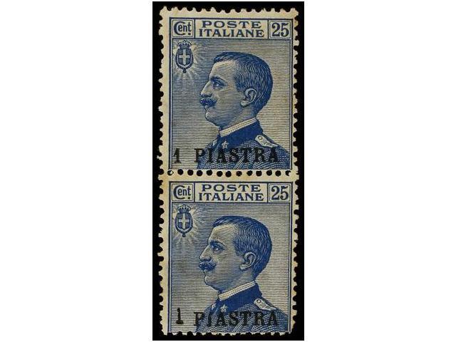 * LEVANTE: CORREO ITALIANO. Sa.11f+11. 1908. 1 Pi. S. 25 Cts. Azul. Pareja Vertical, Un Sello ´1´ Puesto A Mano. Sassone - Altri & Non Classificati