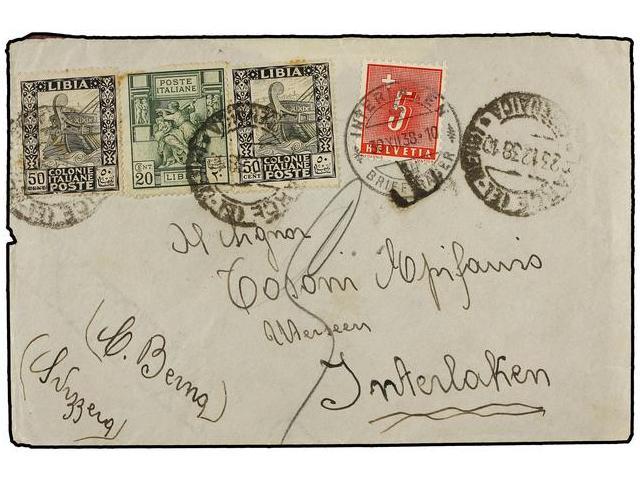 LIBIA. 1938. BARCE (Cirenaica) A SUIZA. 20 Cent. Y 50 Cent. (2), Tasada A La Llegada Con Sello Suizo De 5 Cents. - Autres & Non Classés