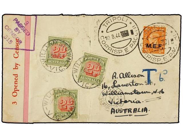 LIBIA. 1944 (Aug. 10). Cover To VICTORIA Franked By MEF 2d. Orange Tied By TRIPOLI / CORRISP. E. PACCHI Datestamps In Bl - Autres & Non Classés