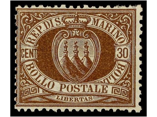 * SAN MARINO. Yv.6. 1877. 30 Cent. Castaño. Bonito Ejemplar. Yvert.900&euro;. - Autres & Non Classés