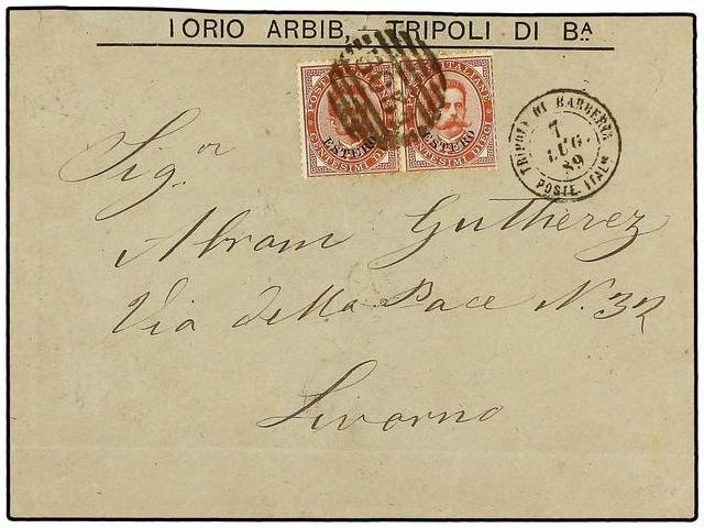 TRIPOLI. 1889. TRIPOLI A LIVORNO. 10 Cts. Rojo (2), Mat. Parrilla Con Cifra ´3051´ Y Fechador TRIPOLI DI BARBERIA/POSTE - Autres & Non Classés