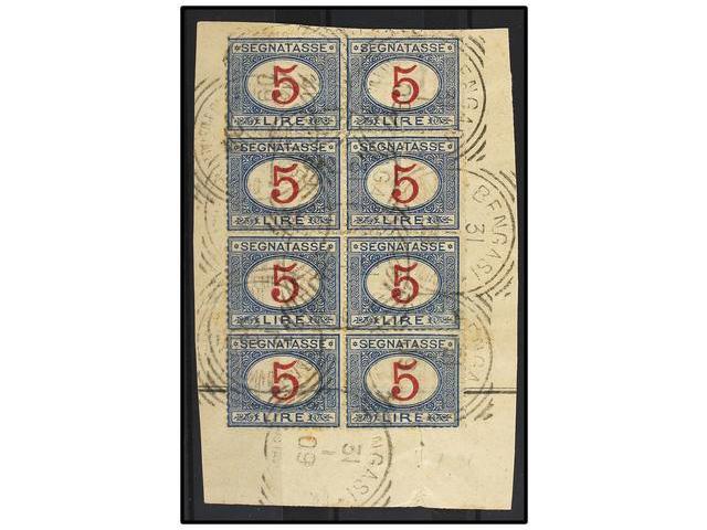 TRIPOLITANIA. 1908. Sello De 5 Liras. Azul Y Rojo De Italia En Bloque De Ocho Sobre Fragmento, Mat. BENGASI/UFF. POSTALE - Autres & Non Classés