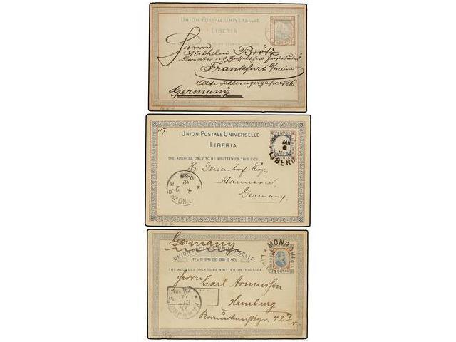 LIBERIA. 1889-94. 3c. Blue & Red On Buff Postal Stationery Cards (3), All Being Used Examples Demonstrating The Three Ty - Autres & Non Classés